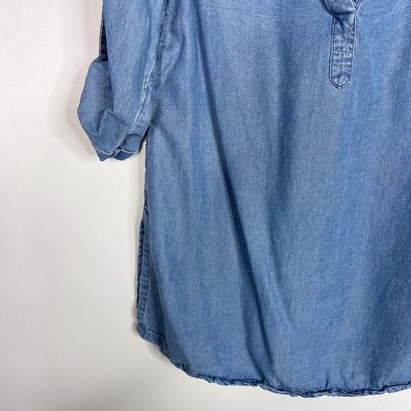Anne Klein Small S Blue Chambray 3/4 Roll Tab Sleeve Blouse Top Split V Neck - Picture 5 of 9
